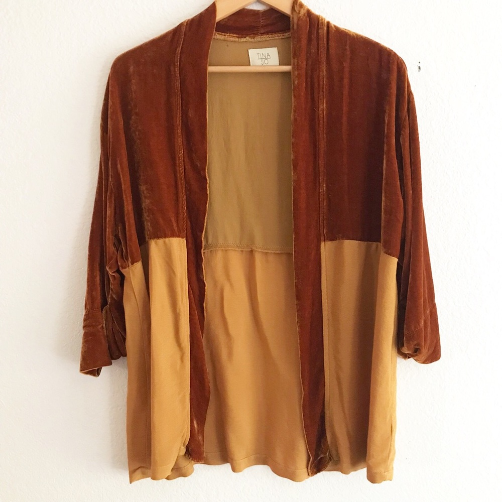 Anthropologie Two-Tone Velvet & Woven Open Kimono - Rust & Mustard
